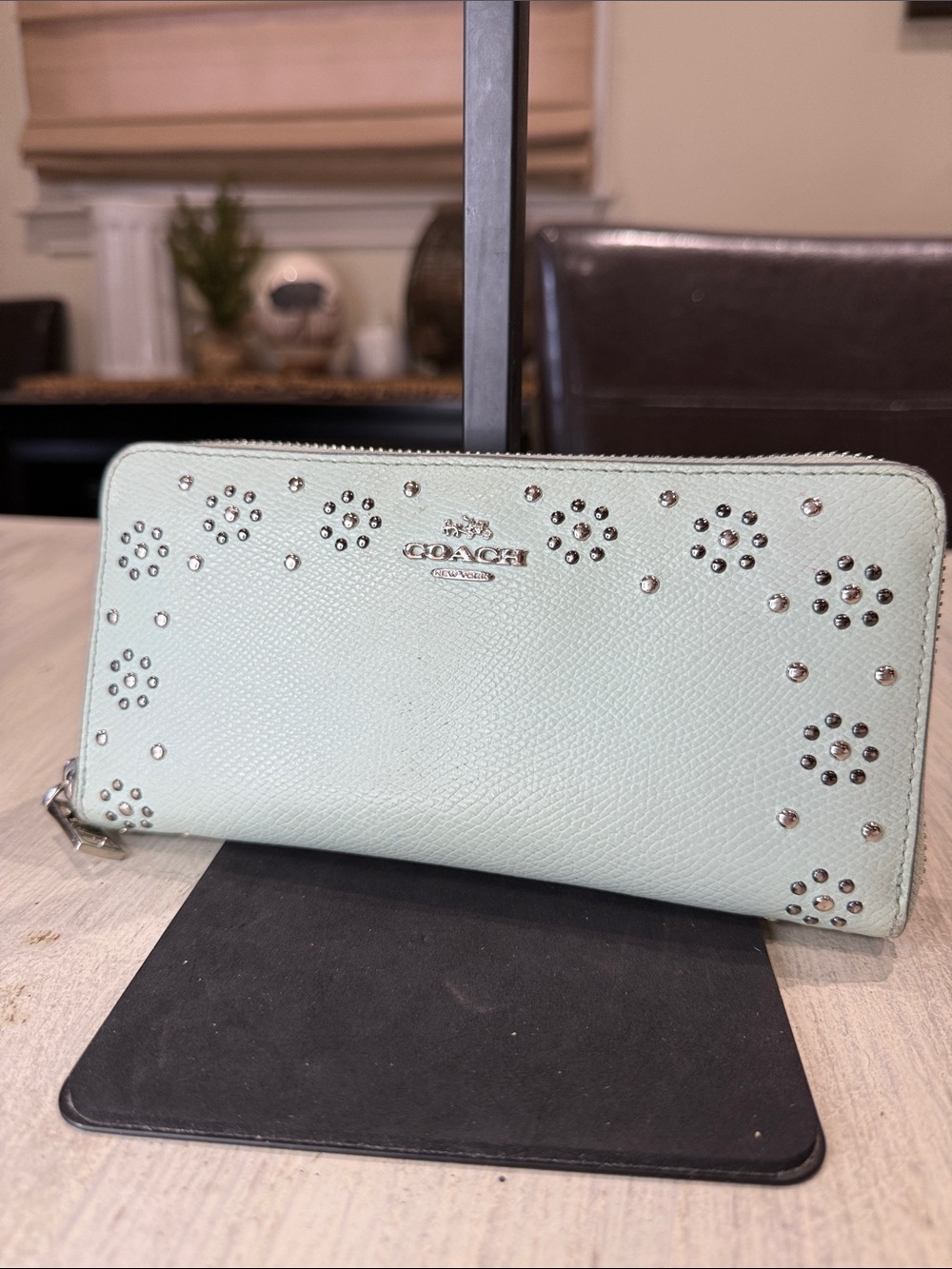 Coach Mint Green Leather Zip Wallet with Silver Stud Accents
